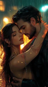 Intimate Rain Embrace: Glowing Romance in Urban Downpour.