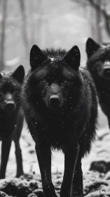 Black wolf pack in falling snow, shallow depth of field focus