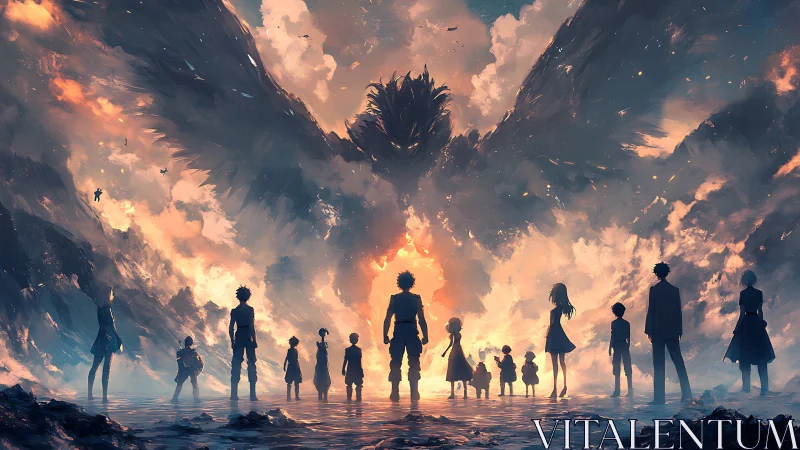 Silhouetted heroes confront colossal winged fire entity