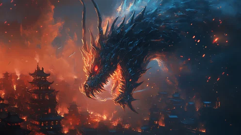 Firestorm dragon engulfs burning ancient city skyline.