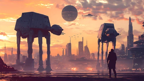 Colossal quadruped combat walkers over futuristic sunset city