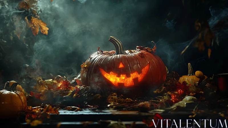 Illuminated carved pumpkin amid autumn leaves at night.