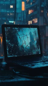 Broken laptop screen shows wet city at night during rainfall