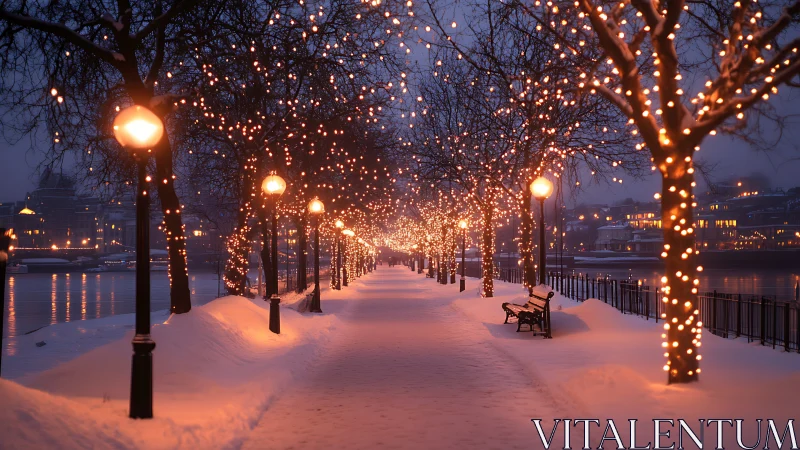 Snowy riverside walkway glowing with cozy winter lights.