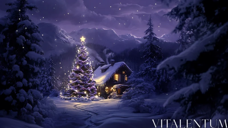 Snowlit cabin and glowing Christmas tree under winter sky.