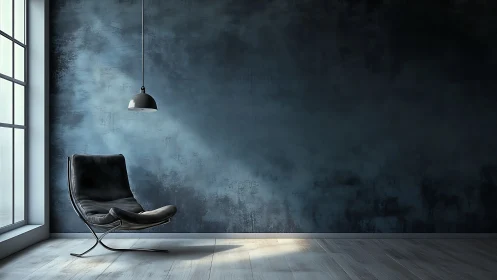 Minimalist leather lounge chair rests beside moody blue wall