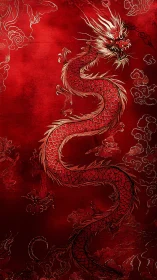 Crimson oriental dragon coiled in luminous embroidered clouds.