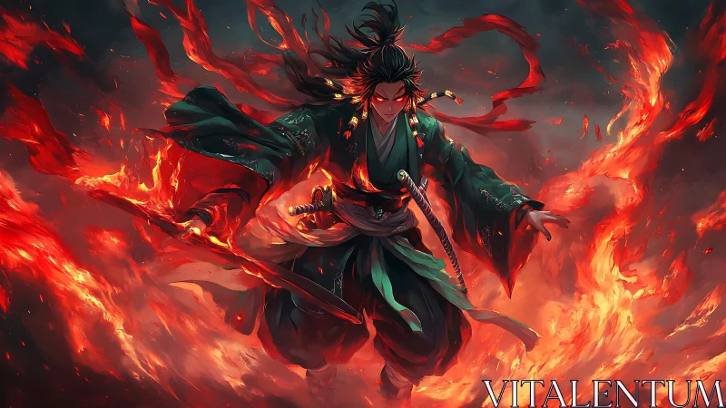 Flame-wreathed samurai strides through a storm of burning sky