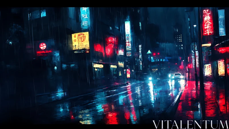 Rain soaked neon city street with reflective wet pavement.