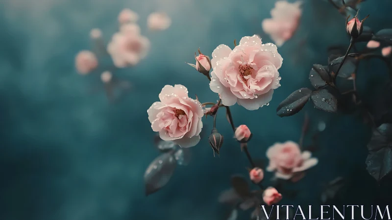 Delicate Pink Roses With Dewdrops Against Teal Backdrop.