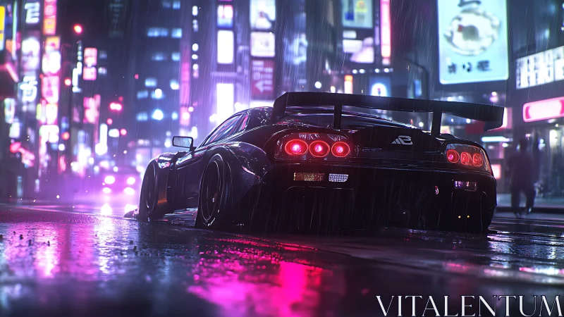 Cyberpunk street racer under neon rain in night cityscape.