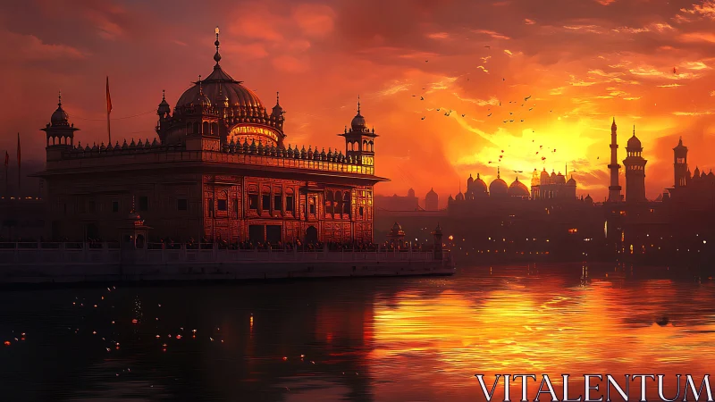 Sunlit domed temple reflected in atmospheric waterfront haze.