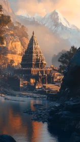 Sunlit mountain temple rises beside a tranquil reflective river