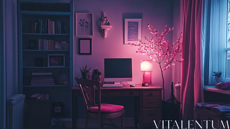 Neon-lit home office with pink accent lighting and decor.