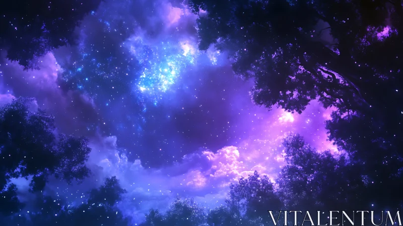 Starlit forest window into a glowing violet cosmos.