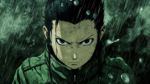 Determined anime soldier stares forward under heavy rain