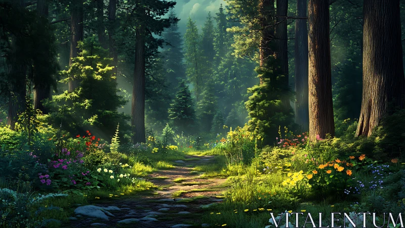 Sunlit Forest Path with Wildflowers in Lush, Realistic Style.