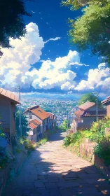 Sunlit hilltop lane drifting into a cloud-bright valley dream.