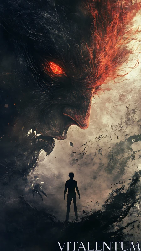 Dark colossal demon faces lone human in swirling void.