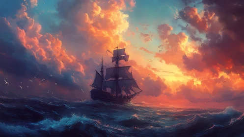 Tall ship sailing into a glowing, storybook sunset sky.