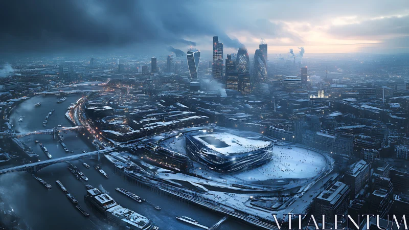 Futuristic winter cityscape over riverfront megastructure.