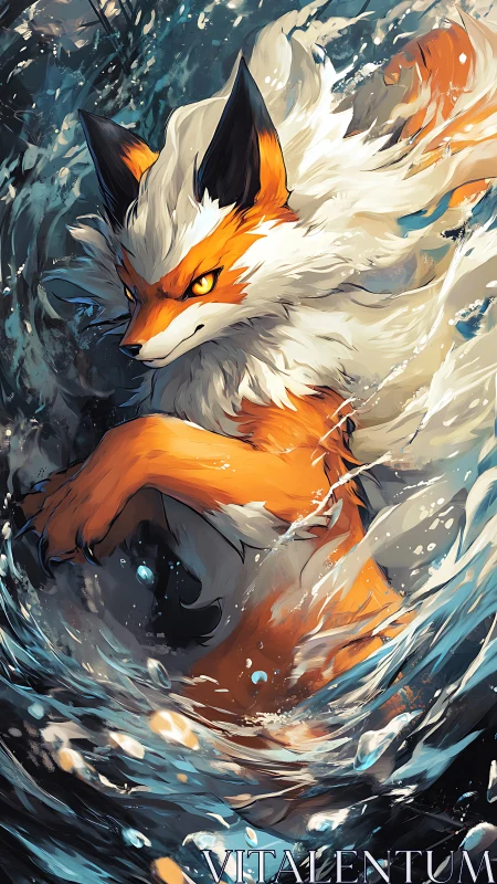 Orange fox-like creature in swirling stylized water currents.