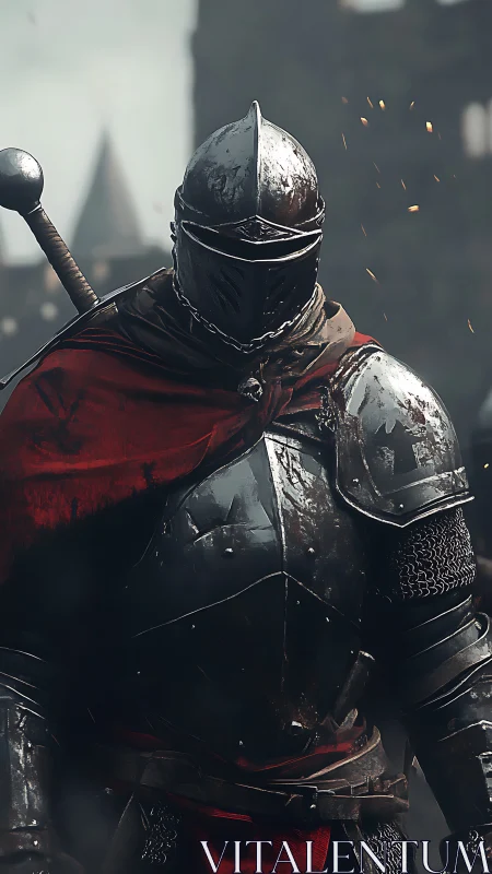 Scarred iron knight in crimson cloak amid crumbling battlements.