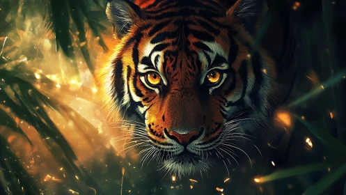 Bioluminescent jungle tiger portrait with glowing ember bokeh