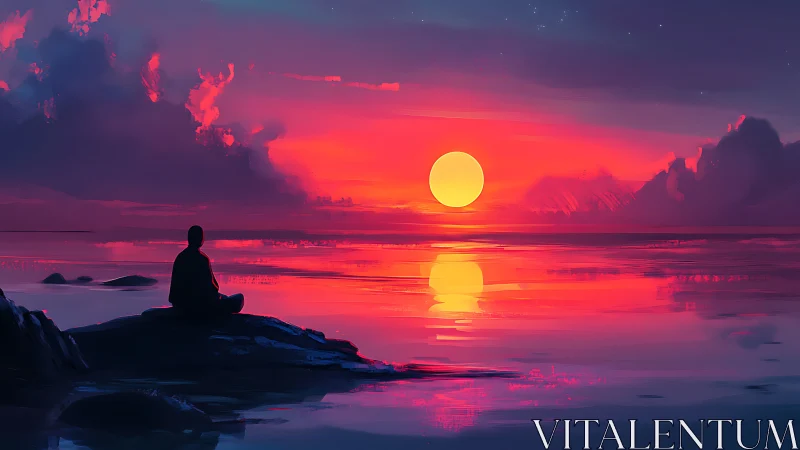 Solitary figure meditates beneath radiant neon sunset glow.