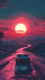 Neon dusk highway curls toward a colossal rising moon