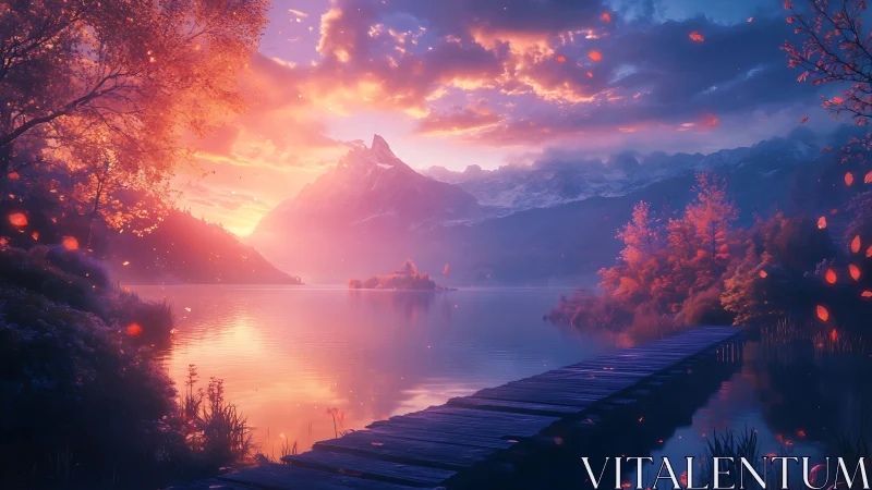 Twilight lake walkway beneath glowing alpine sunset sky.