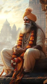 Holy man in marigold garlands rests by ancient riverside temple.