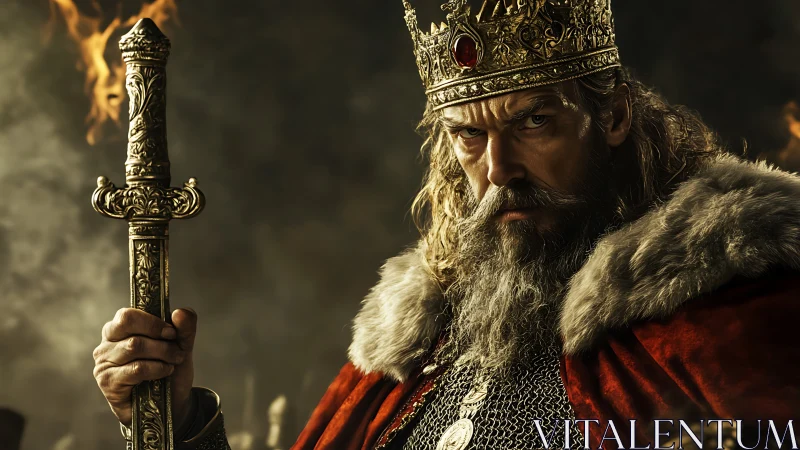 Battle-hardened medieval king grips ornate burning sword.