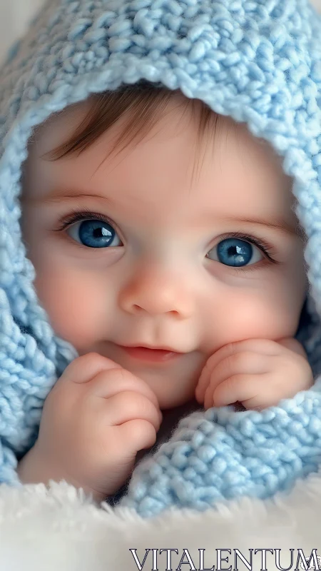 Sky-eyed baby wrapped in cloud-soft blue knitted cocoon.