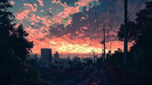 Urban skyline and power lines intersect against evening sky