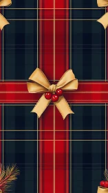Plaid-wrapped festive gift with golden bow and holly berries.