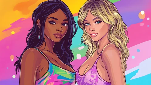 Vibrant dual portrait of two women in neon chromatic palette.