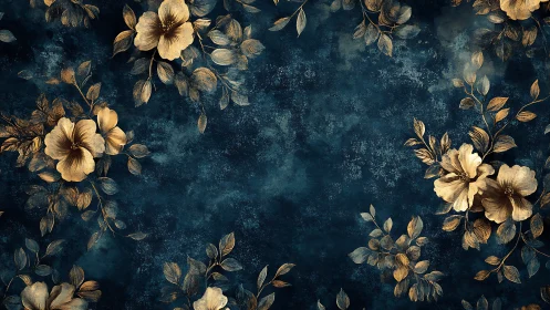 Golden Flowers Against Teal Textured Background.