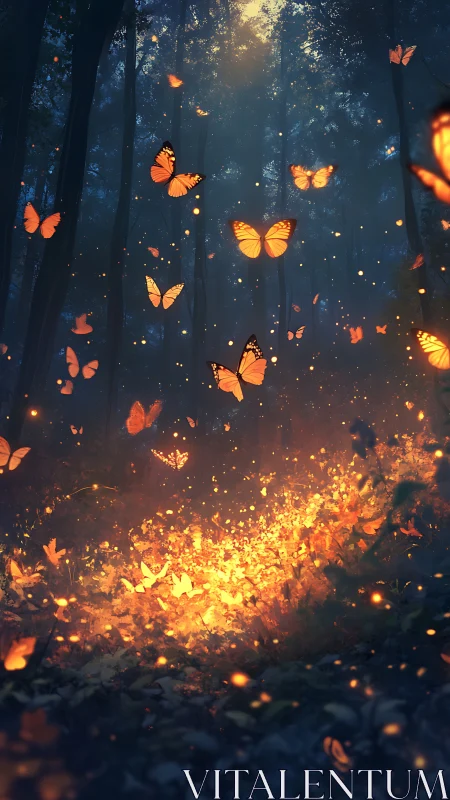 Firelit butterflies rise like sparks through the twilight forest