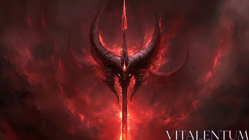 Demonic horned blade erupting through crimson inferno.