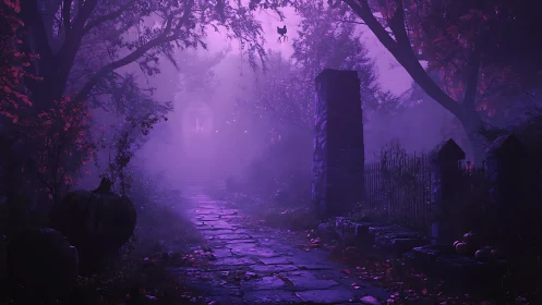 Haunted garden path glows in eerie violet twilight mist