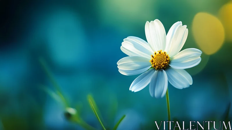 White Daisy with Yellow Center Against Blurred Teal Background.