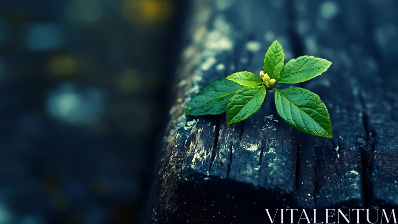 Single green sprout on dark weathered wooden surface.