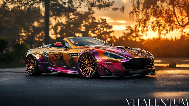 Widebody iridescent roadster with sunset backlit reflections