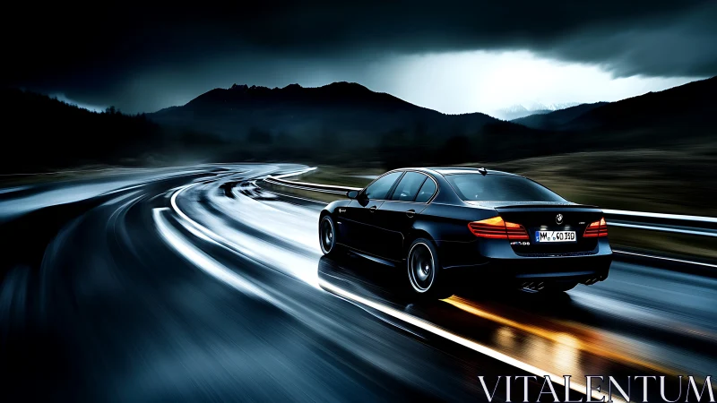 BMW sedan on wet mountain highway with dynamic motion blur.