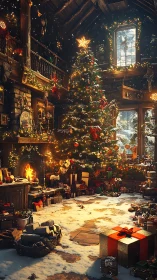 Cozy winter cabin aglow with a magical Christmas tree.