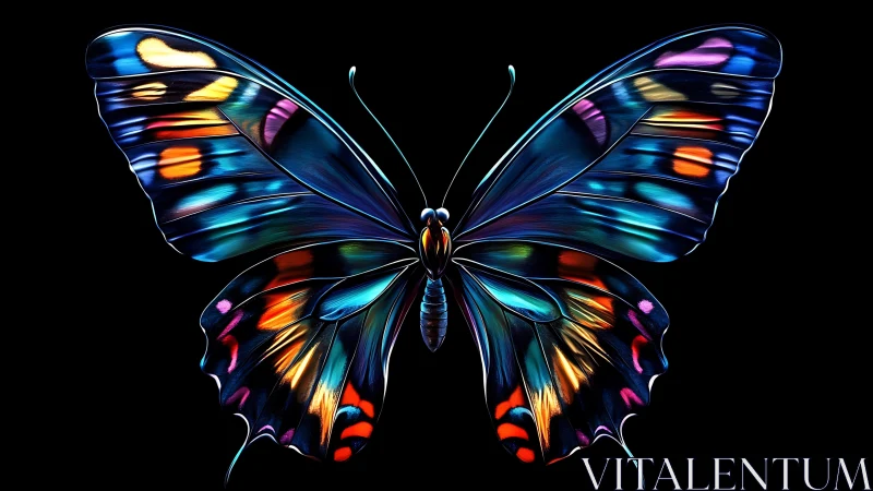 Chromatic night butterfly stretches neon wings into silence