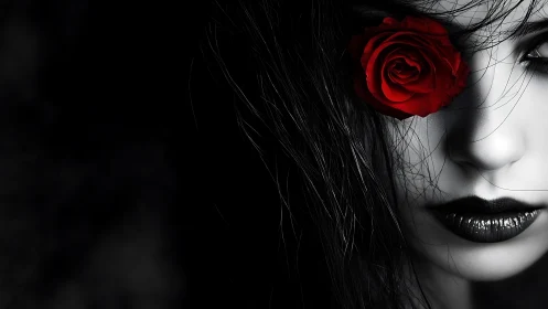 Monochrome portrait with single red rose and dark lips.