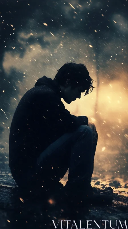 Silhouetted youth crouches alone amid glowing stormfall.