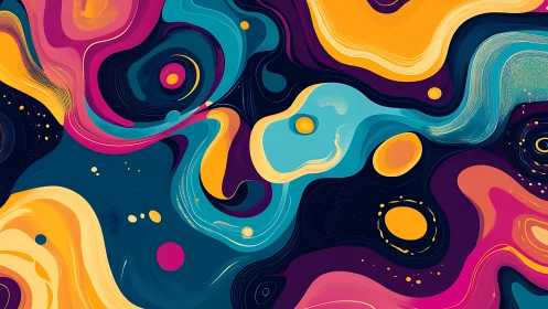 Vibrant fluid abstractions with neon curves on deep navy field.